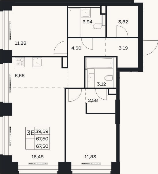 Планировка: 3-к, 67,5 м²