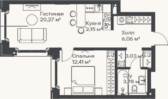 Планировка: 2-к, 47,7 м²