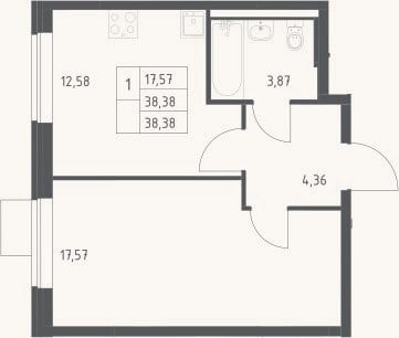 Планировка: 1-к, 38,4 м²