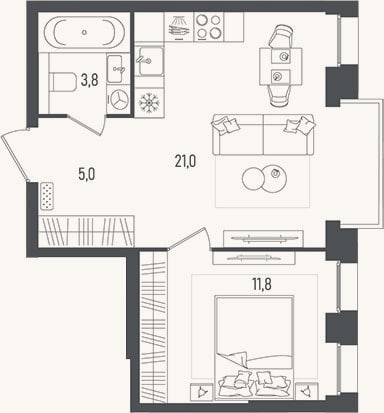 Планировка: 2-к, 41,6 м²