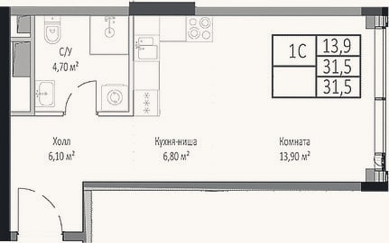 Планировка: Студия, 31,5 м²