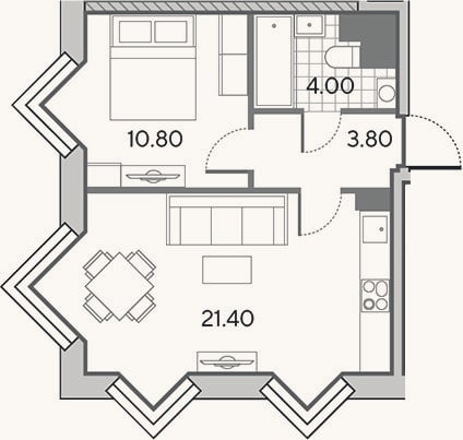 Планировка: 2-к, 40 м²