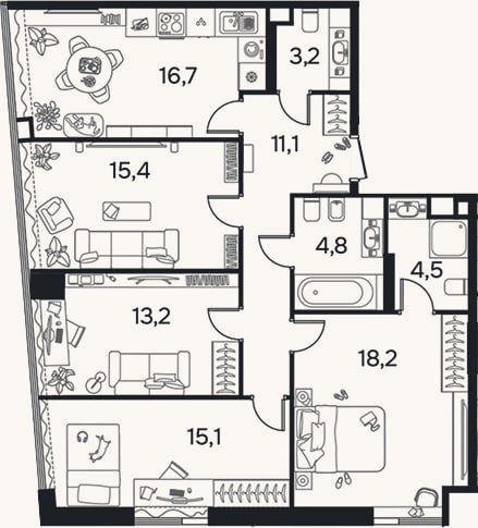 Планировка: 4+ к, 101,8 м²