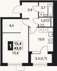 Планировка: 1-к, 41,3 м²