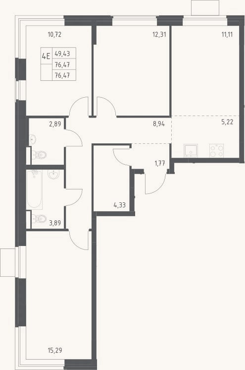 Планировка: 4+ к, 76,5 м²