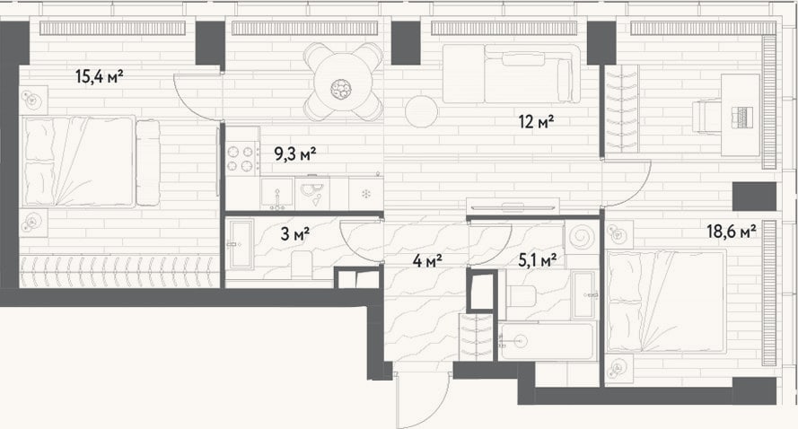 Планировка: 3-к, 67,4 м²