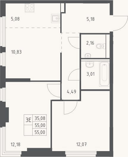 Планировка: 3-к, 55 м²