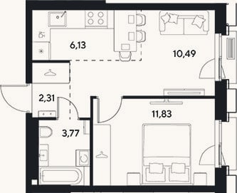Планировка: 2-к, 34,5 м²