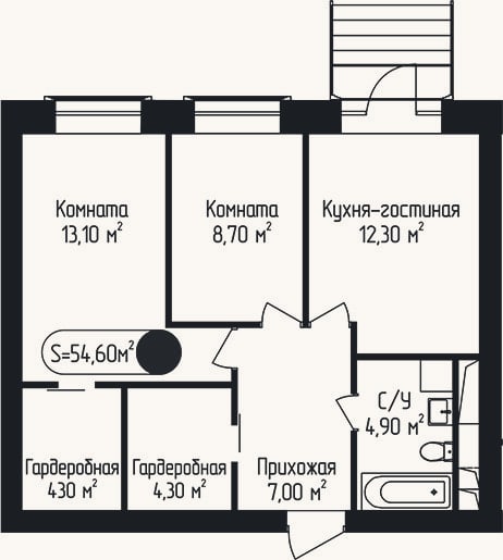 Планировка: 2-к, 54,6 м²