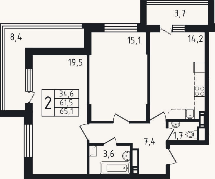 Планировка: 2-к, 61,4 м²
