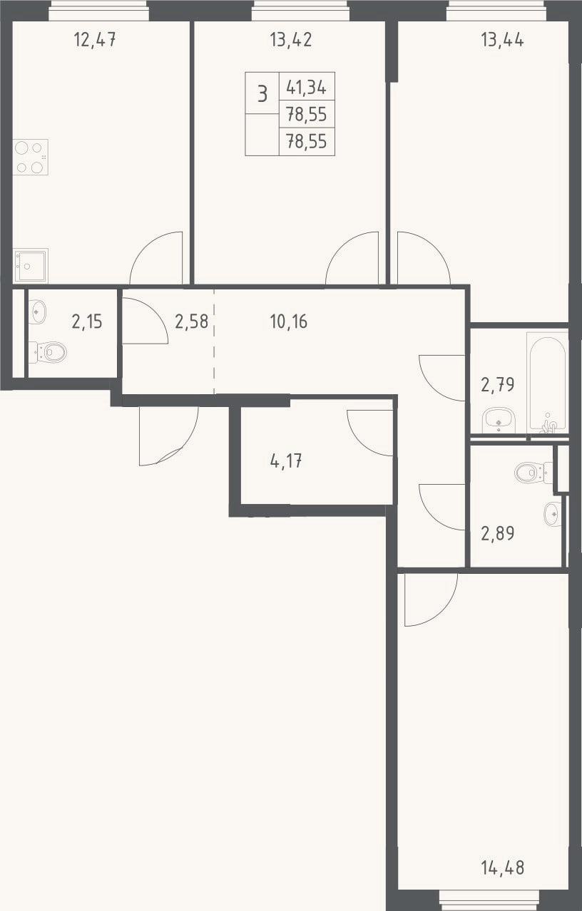 Планировка: 3-к, 78,6 м²