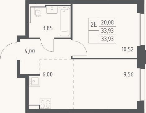 Планировка: 2-к, 33,9 м²