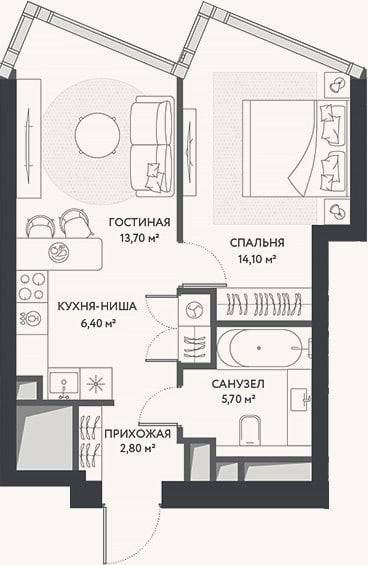 Планировка: 2-к, 42,7 м²