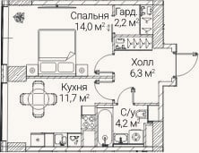 Планировка: 1-к, 38 м²