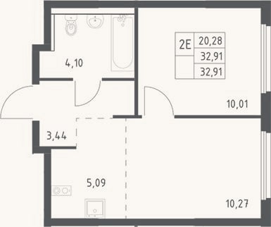 Планировка: 2-к, 32,9 м²