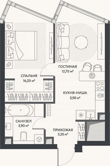 Планировка: 2-к, 45,9 м²