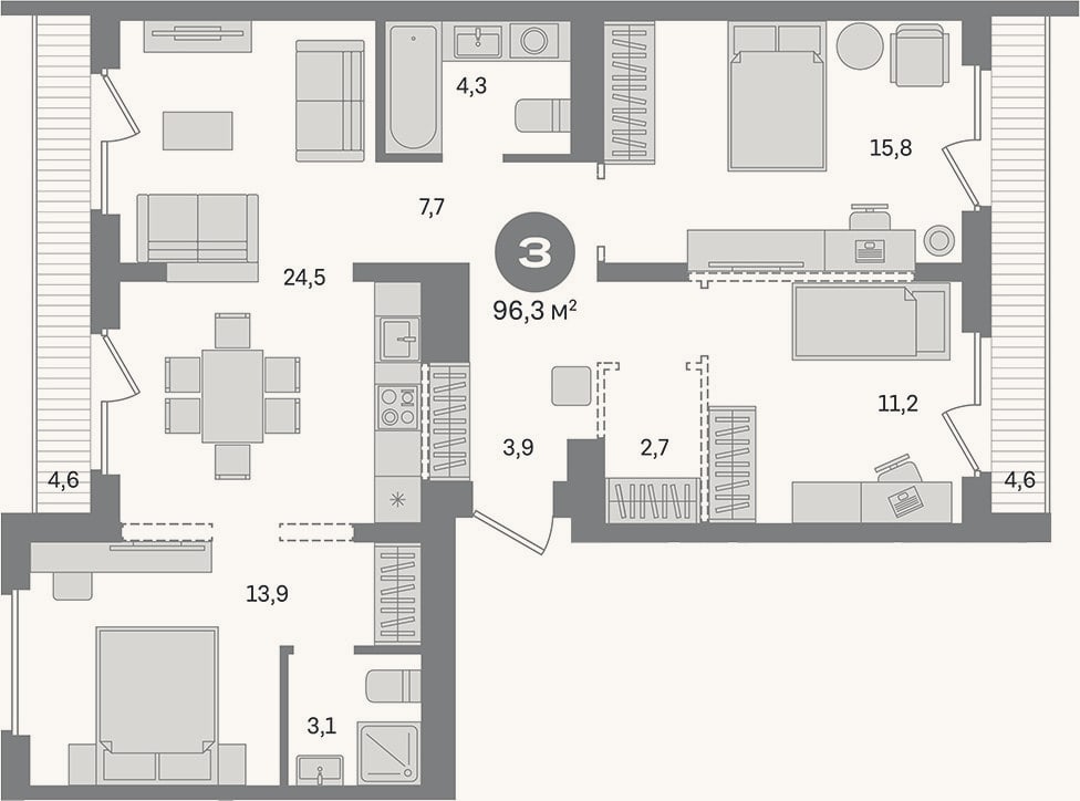 Планировка: 3-к, 87,1 м²