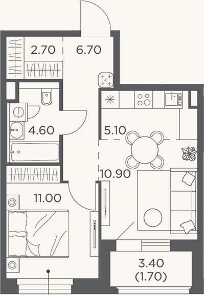 Планировка: 2-к, 39,3 м²