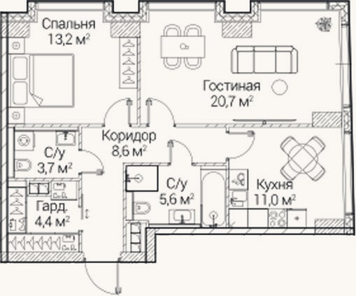 Планировка: 2-к, 67,4 м²