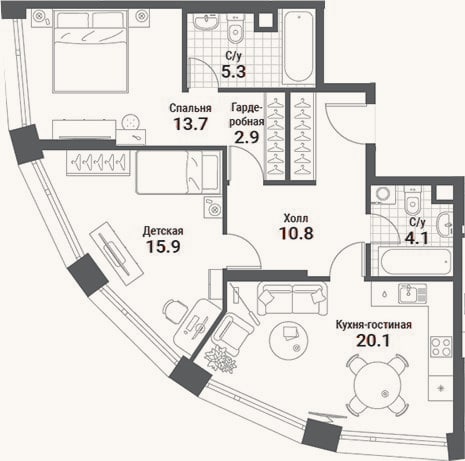 Планировка: 3-к, 73,2 м²