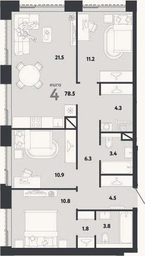 Планировка: 4+ к, 78,5 м²