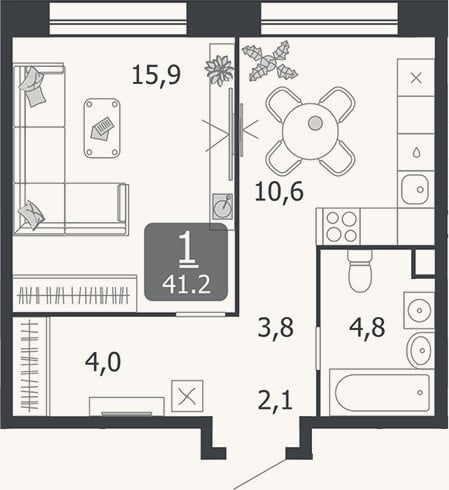 Планировка: 1-к, 41,2 м²