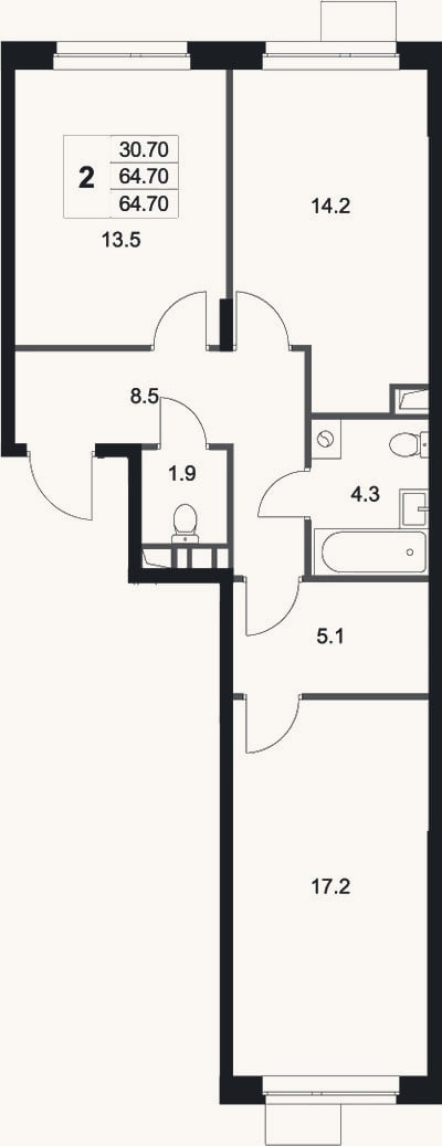 Планировка: 2-к, 64,7 м²