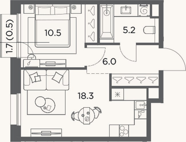 Планировка: 1-к, 40 м²