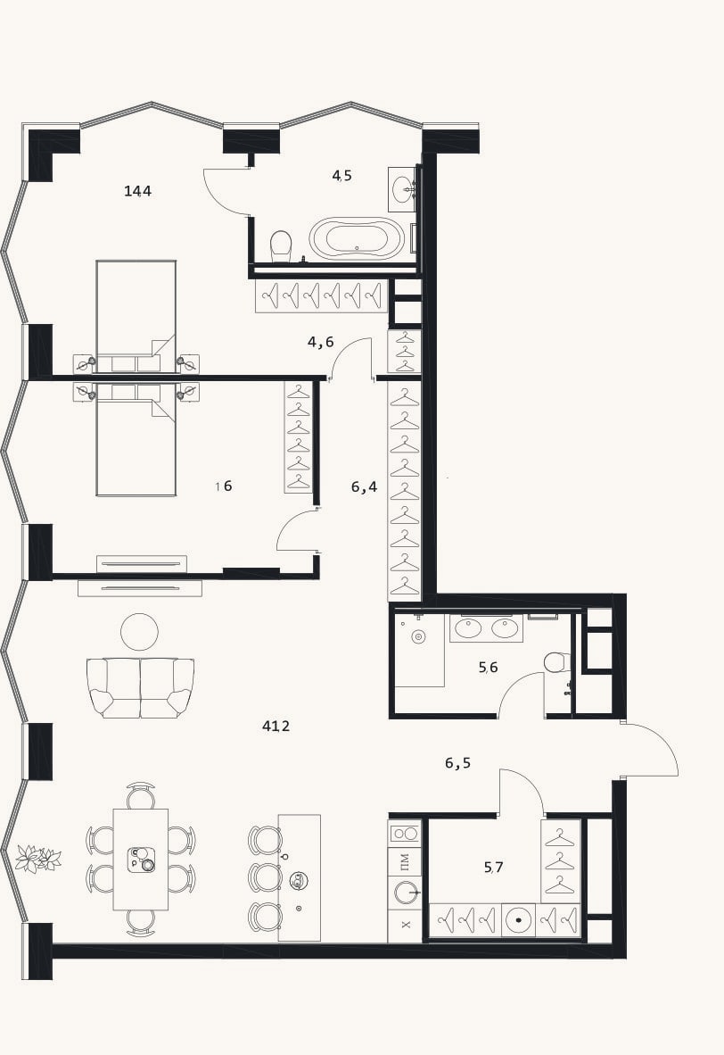 Планировка: 3-к, 104,9 м²