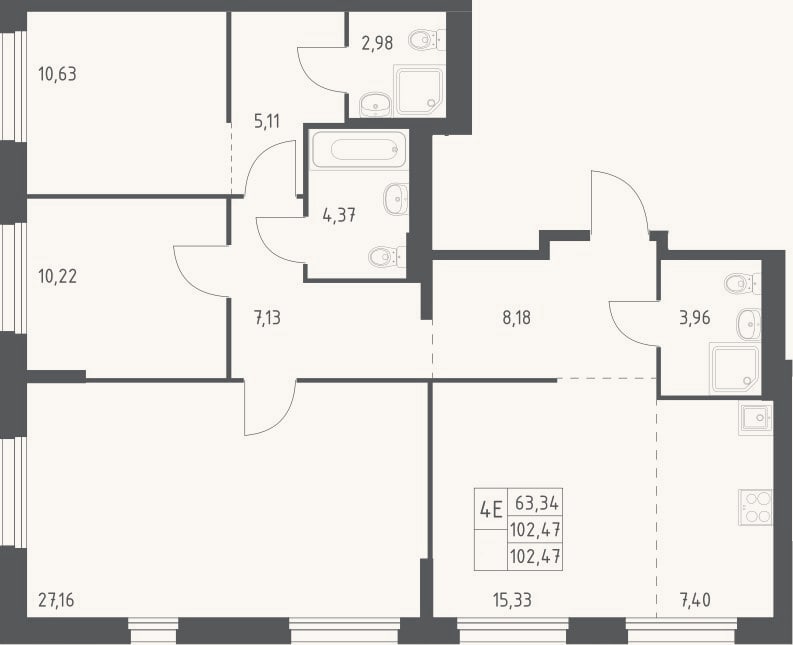 Планировка: 4+ к, 102,5 м²
