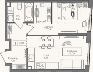 Планировка: 2-к, 49,2 м²