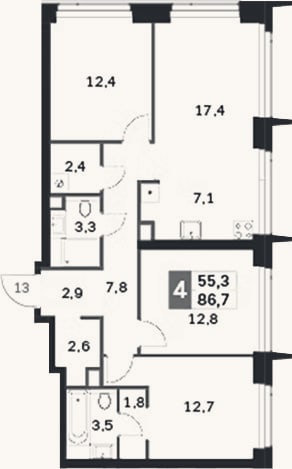 Планировка: 4+ к, 86,7 м²