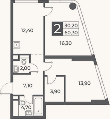Планировка: 2-к, 60,3 м²
