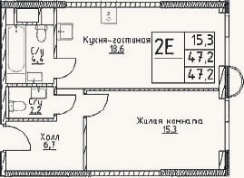 Планировка: 2-к, 47,2 м²