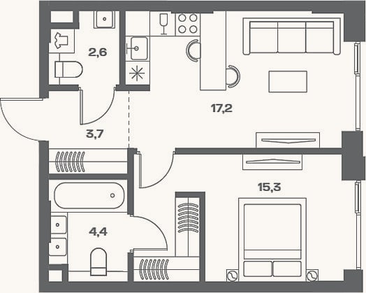 Планировка: 2-к, 43,2 м²