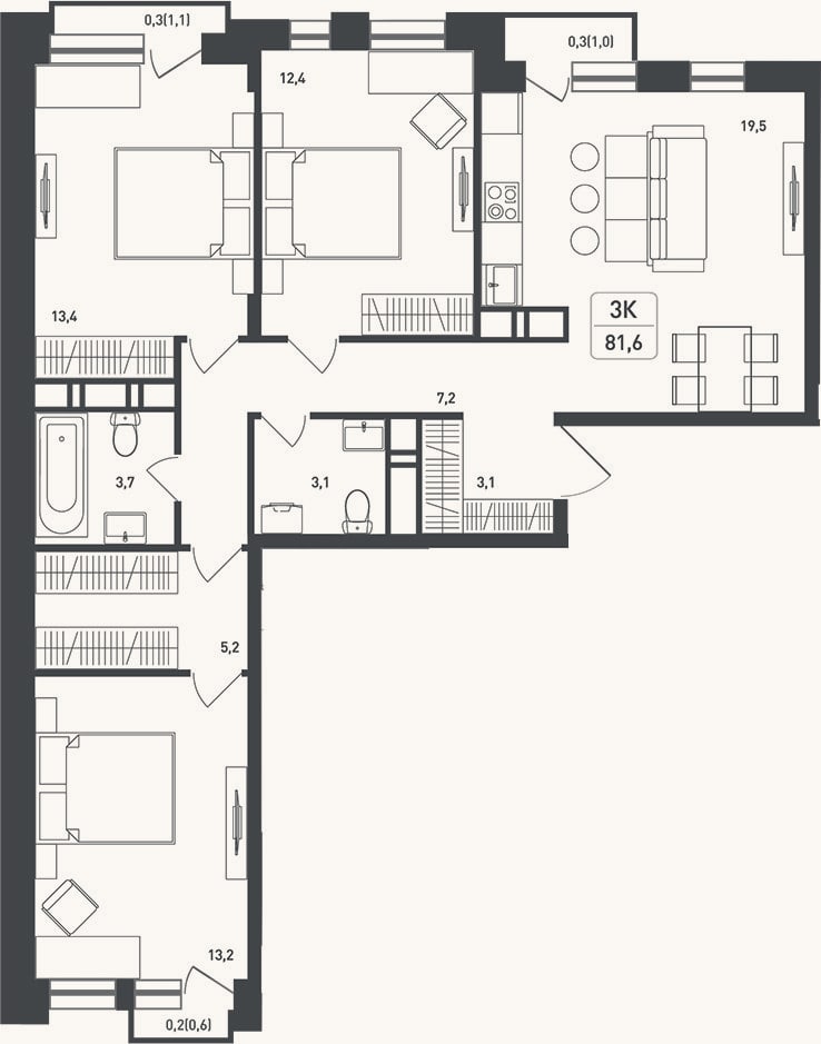 Планировка: 3-к, 84,1 м²