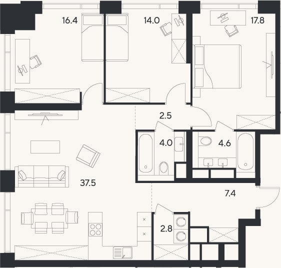 Планировка: 4+ к, 107 м²