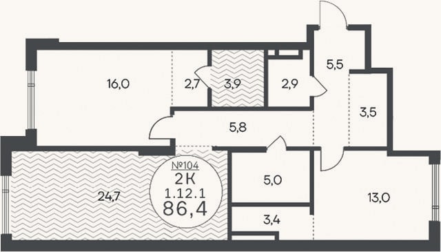 Планировка: 3-к, 86,4 м²