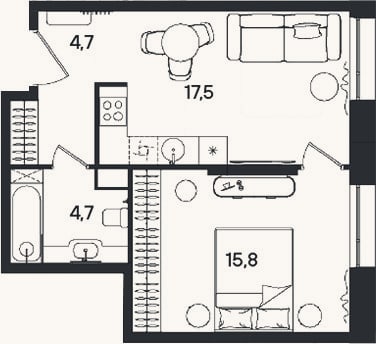 Планировка: 2-к, 42,7 м²