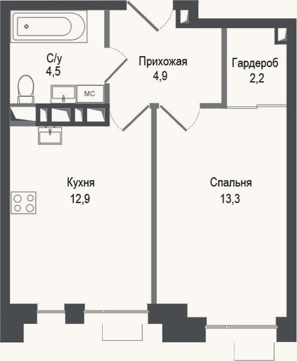 Планировка: 1-к, 37,8 м²