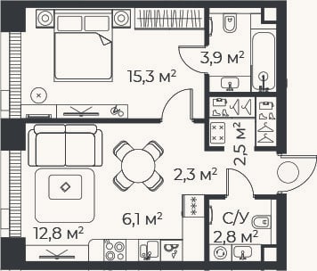 Планировка: 2-к, 45,8 м²