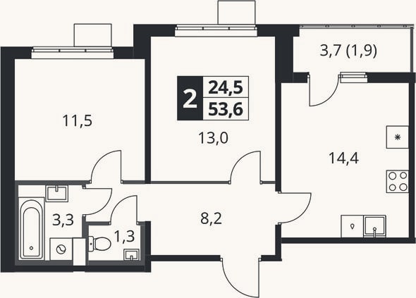 Планировка: 2-к, 51,7 м²
