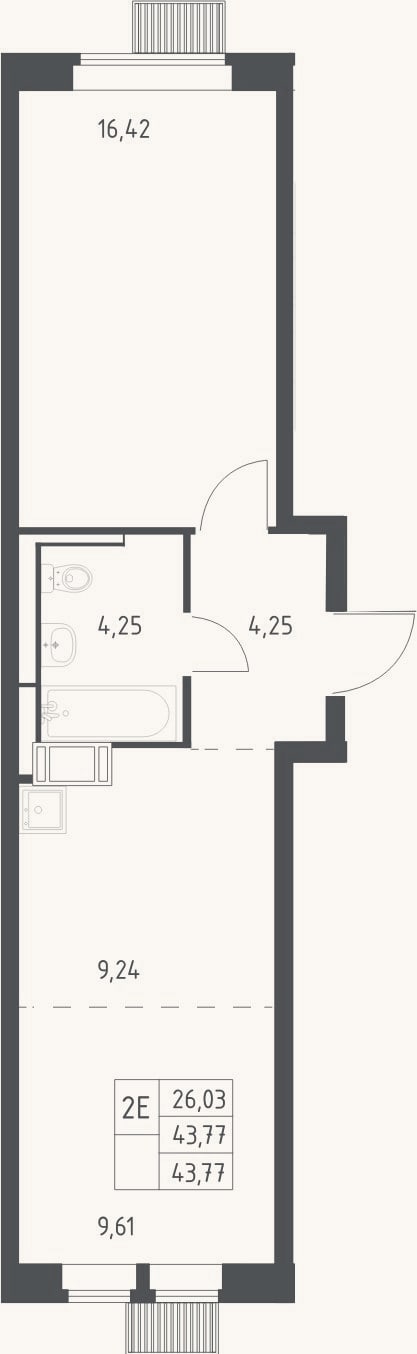 Планировка: 2-к, 43,8 м²