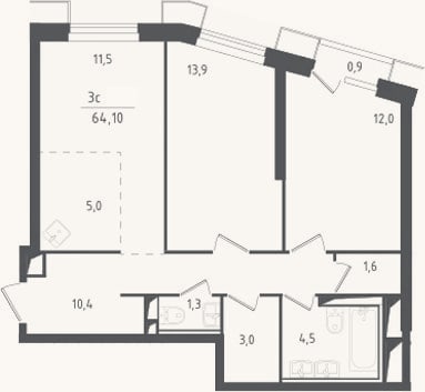 Планировка: 3-к, 63,2 м²
