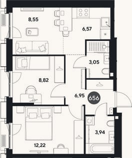 Планировка: 3-к, 50,1 м²