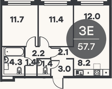 Планировка: 3-к, 57,7 м²