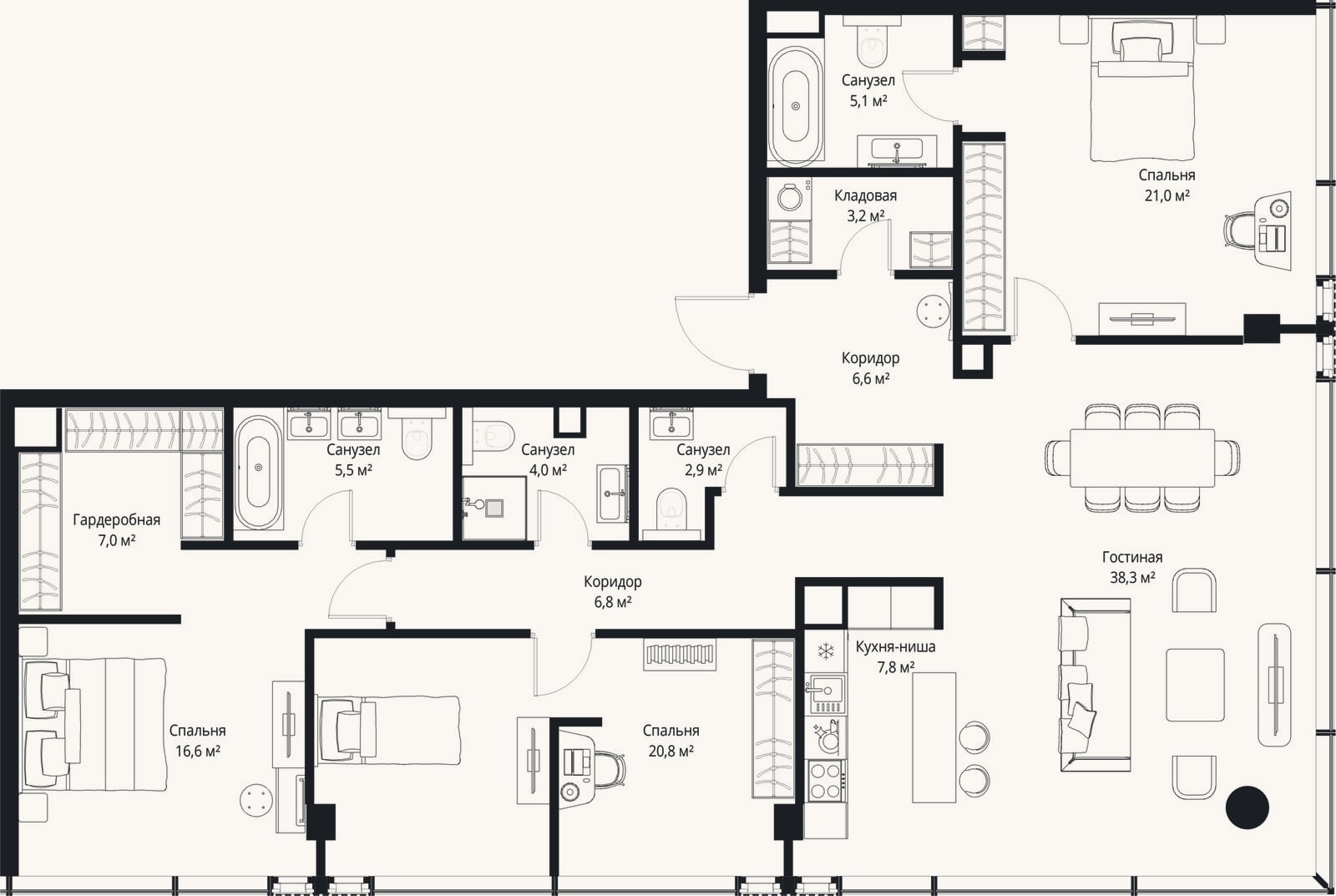 Планировка: 4+ к, 145,6 м²