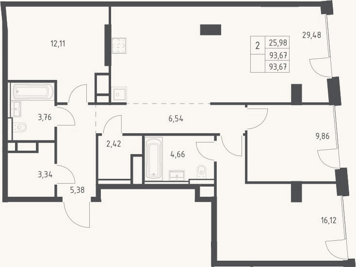 Планировка: 3-к, 93,7 м²