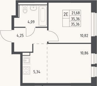 Планировка: 2-к, 35,4 м²
