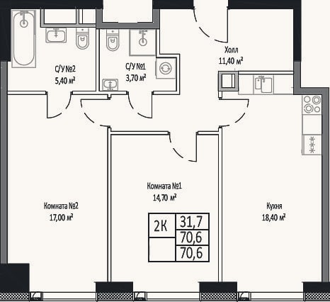 Планировка: 2-к, 70,6 м²